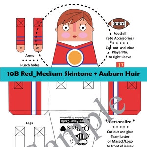May include: Printable paper craft template for a football player with red jersey, white pants, and auburn hair. The template includes instructions for cutting and gluing the pieces together. The player's number is 17.