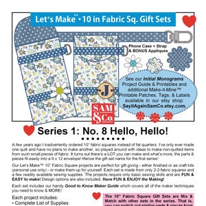 Op de afbeelding: Stof vierkante cadeau sets met bloempatronen, inclusief een telefoonhoesje, riem en bonus applicaties. De sets maken deel uit van de "Let's Make"-serie, met de tekst "Series 1: No. 8 Hello, Hello!" en het "SAM & Co." logo.