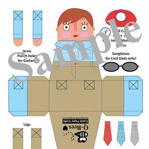 May include: A printable paper craft template for a cube-shaped cartoon character. The character is wearing a blue shirt, khaki pants, and a red hat. The template includes instructions for assembling the cube and adding details like a tie and sunglasses.