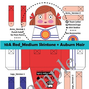 May include: Paper craft doll template for a girl with red hair, a red and white shirt, and blue pants. The template includes instructions for adding a team letter or mascot to the shirt. The template is labeled "10A Red_Medium Skintone + Auburn Hair" and "No. 10A-R_Lt/Au".