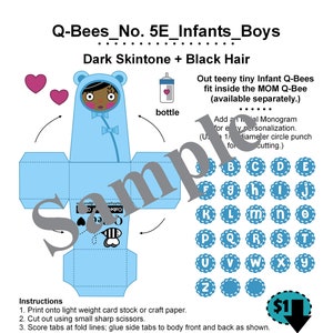 Creazioni di carta Cubee personalizzate_No. 5 Q-Bee INFANT_Neonato_Capelli scuri + NERI_Bambole di carta ARTE_Bambole di carta_Giocattoli di carta_Download digitale_PDF