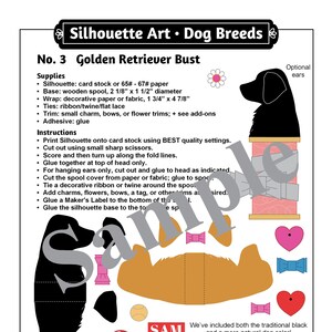 May include: A printable paper craft pattern for a Golden Retriever bust. The pattern includes a silhouette of the dog, a spool base, and decorative elements like bows, hearts, and a bone. The pattern is from SayitAgainSAMCo.etsy.com and includes instructions for assembling the craft.