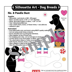 May include: A printable craft pattern for a poodle bust silhouette. The pattern includes instructions for assembling the bust using cardstock, a wooden spool, decorative paper or fabric, ribbon, and glue. The pattern also includes optional ears and a maker's label.