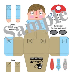 May include: A printable paper craft template for a cartoon character wearing a blue shirt, brown pants, and a red hat. The template includes instructions for assembling the character, as well as additional accessories like sunglasses and neckties. The template is titled "Q-Bees Cubee Paper Crafts" and includes the text "No. 2A_LT + BRO".