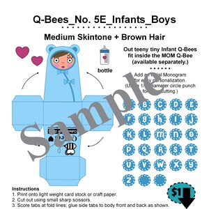 Creazioni di carta Cubee personalizzate_No. 5 Q-Bee INFANT_Neonato_Medio + Capelli MARRONE_Bambole di carta ARTE_Bambole di carta_Giocattoli di carta_Download digitale_PDF