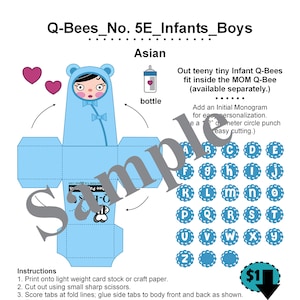 Creazioni di carta Cubee personalizzate_No. 5 Q-Bee INFANT_Neonato_Capelli ASIATICI + NERI_Bambole di carta ARTE_Bambole di carta_Giocattoli di carta_Download digitale_PDF