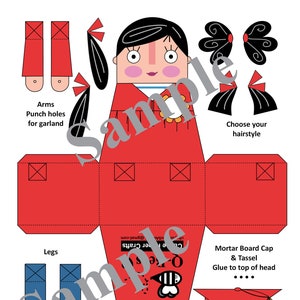 May include: A red and blue paper doll craft kit with a mortarboard cap, tassel, and gown. The doll has a red dress, black hair, and a bee on the front. The kit includes instructions for assembly and decoration. No. 6A-R_Lt + Bk