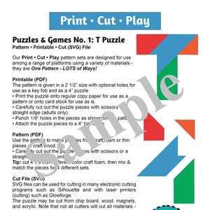 Op de afbeelding: Printbare PDF-sjabloon voor een T-vormige puzzel. De sjabloon bevat instructies voor het uitsnijden van de puzzelstukken en het in elkaar zetten. De sjabloon is ontworpen voor gebruik met een verscheidenheid aan materialen, waaronder papier, karton, knutselvilt en hout. De sjabloon is verkrijgbaar in twee maten: 6,35 cm en 10,16 cm. De sjabloon is alleen voor persoonlijk gebruik.