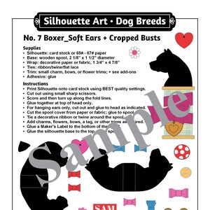 May include: Printable paper craft silhouette of a Boxer dog with soft ears and a cropped bust. The silhouette is designed to be assembled on a wooden spool, with instructions for adding decorative trims and embellishments. The image includes the title "No. 7 Boxer_Soft Ears + Cropped Busts" and the text "SayitAgainSAMCo.etsy.com".