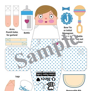 May include: A printable paper craft template for a baby doll. The doll is wearing a blue and white polka dot dress and a removable bib. The template includes instructions for assembling the doll and adding a monogram to the bib. The template also includes a bottle, rattle, and bow tie or initial.