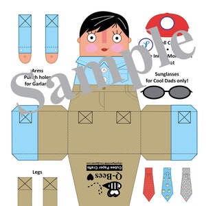 May include: A printable paper craft template for a cartoon character wearing a blue shirt, brown pants, and a red hat. The template includes instructions for assembling the character and adding accessories like sunglasses and a tie. The template is titled "Q-Bees Cubee Paper Crafts" and includes the text "No. 2A_M + BK".