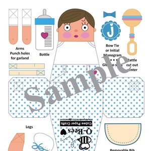 May include: A printable baby shower favor box template featuring a blue and white polka dot pattern. The template includes a baby bottle, arms, legs, a bib, a rattle, and a bow tie. The text "Q-Bees Cubee Paper Crafts" is included on the template.