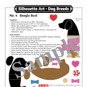 May include: Printable craft template for a beagle bust silhouette. The template includes a black silhouette of a beagle, a wooden spool, a pink ribbon, a brown base, and a pink heart. The template also includes optional ears, bows, and a flower.
