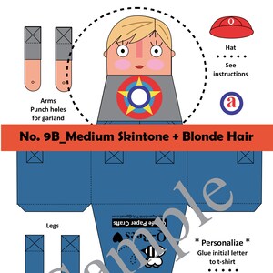 May include: Printable paper craft doll template of a child with blonde hair, medium skin tone, wearing a blue shirt with a red star and a red hat. The template includes instructions for personalisation with an initial letter and a hat.