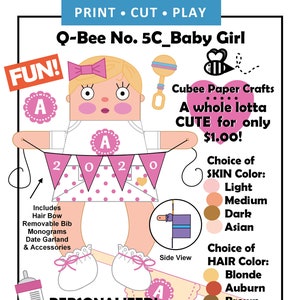Personalized Cubee Paper Craft_No. 5C Q-Bee BABY GIRL_Medium Skin + BLONDE Hair_Paper ART Dolls_Paper Dolls_Paper Toys_Digital Download_PDF