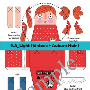 May include: A printable paper doll craft template featuring a girl with light skin and auburn hair. The doll is wearing a red dress with white polka dots, blue jeans, and red shoes. The template includes instructions for assembling the doll and adding accessories.