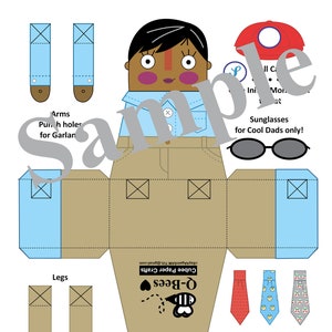 May include: A printable paper craft template for a cube-shaped character with brown hair, a blue shirt, tan pants, and a red hat. The template includes instructions for assembling the character and adding accessories like sunglasses and neckties. The template is titled "Q-Bees Cubee Paper Crafts".