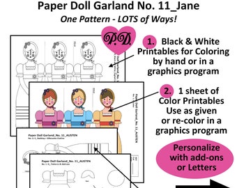 Paper Doll Garlands 11_JANE AUSTEN_PERSONALIZED_B&W Coloring Book Sheets + Color Printables_Collage Sheets_Paper Crafts_Digital Download_PDF