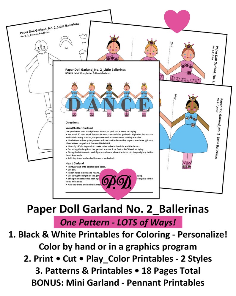 Paper Doll Garlands No 2_little BALLERINAS 2 Sets_personalized_b&w