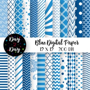 Blue Digital Paper Pack ~ Commercial Use ~ 300 dpi ~ 12 in by 12 in ~ Blue and White Digital Scrapbook Paper ~ Paper Crafting ~ 24 Papers