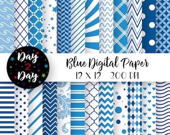 Blue & White Scrapbook Paper Pack, 12x12 Digital Download