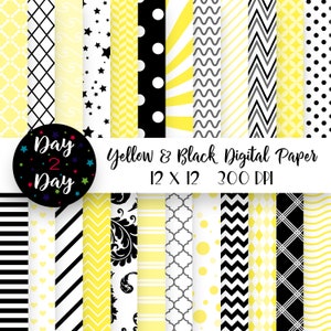 Yellow and Black Seamless Digital Paper Pack ~ Commercial Use ~ 300 dpi ~ 12 in by 12 in ~ Black and Yellow Digital Scrapbook ~ Paper Craft