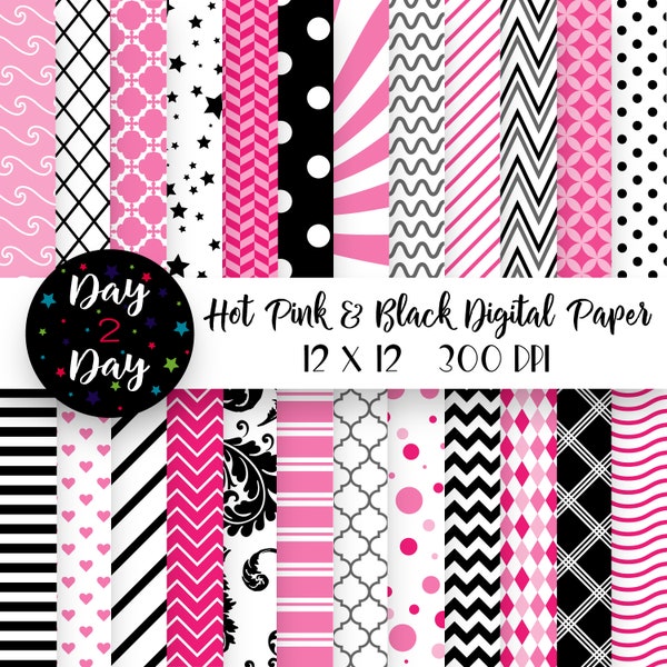 Hot Pink and Black Digital Paper Pack ~ Commercial Use ~ 300 dpi ~ 12 in by 12 in ~ Hot Pink/Black Digital Scrapbook Paper ~ Paper Crafting