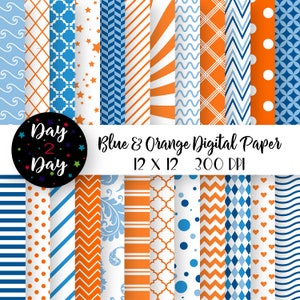 Puede incluir: Un conjunto de 12 papeles digitales en colores azul y naranja. Los papeles presentan varios patrones, incluyendo rayas, lunares, ondas y diseños geométricos. Los papeles son de 12 x 12 pulgadas y 300 DPI.