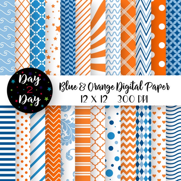 Blue and Orange Digital Paper Pack ~ Commercial Use ~ 300 dpi ~ 12 in by 12 in ~ Blue/Orange Digital Scrapbook Paper ~ Paper Crafting