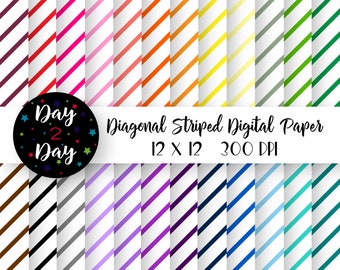 Colored Diagonal Striped Digital Paper Pack ~ Commercial Use ~ 300 dpi ~ 12 by 12 in  ~ Digital Scrapbook Paper ~ Paper Crafting ~ 24 Papers