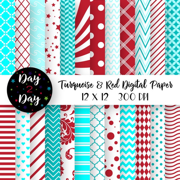 Red and Turquoise Digital Paper Pack ~ Commercial Use ~ 300 dpi ~ 12 in by 12 in ~ Red/Turquoise Digital Scrapbook Paper ~ Paper Crafting