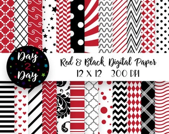 Red and Black Scrapbook Paper Pack, Geometric Patterns (Digital Download)