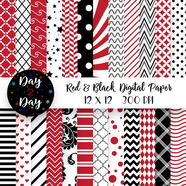 Red and Black Seamless Digital Paper Pack ~ Commercial Use ~ 300 dpi ~ 12 in by 12 in ~ Black and Red Digital Scrapbook Paper ~ Paper Craft