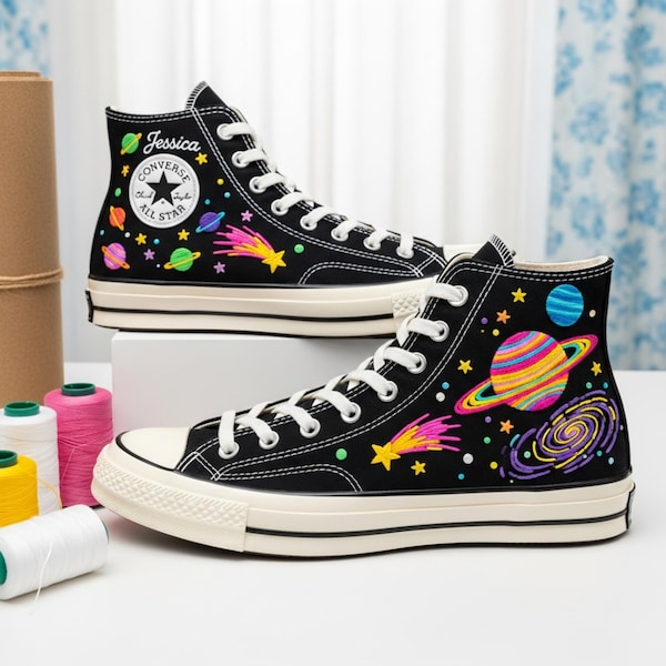 Custom Name Embroidered Converse Shoes, Space Galaxy Design, Colorful Planet Canvas Sneakers, Custom Astrology Sneakers
