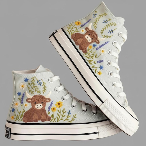 Highland Cow Embroidered Converse Shoes, Custom Floral Cow Sneakers, Cottagecore Animal High Tops, Cute Farmcore Gift for Her