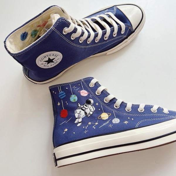 Custom Space Converse Shoes | Embroidered Astronaut Galaxy Sneakers | Blue Planet High Tops | Cosmic Universe Converse