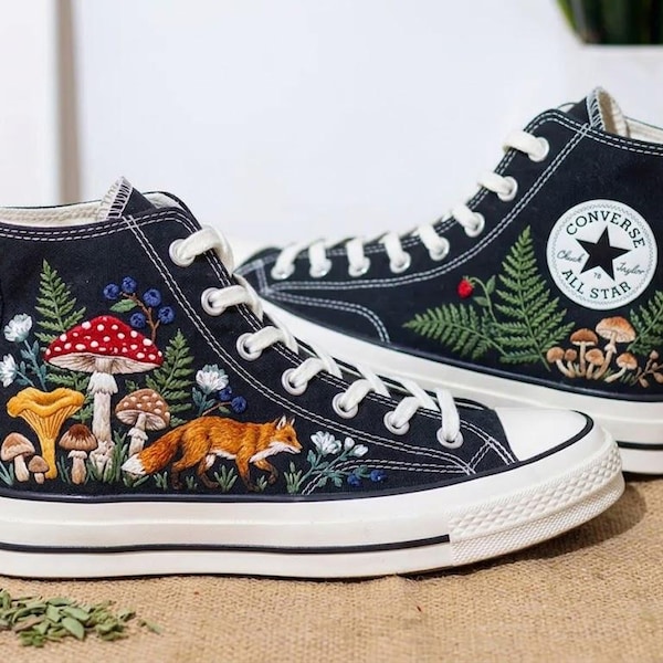 Custom Embroidered Mushrooms and Fox Converse Sneakers: Hand-Stitched Floral Design