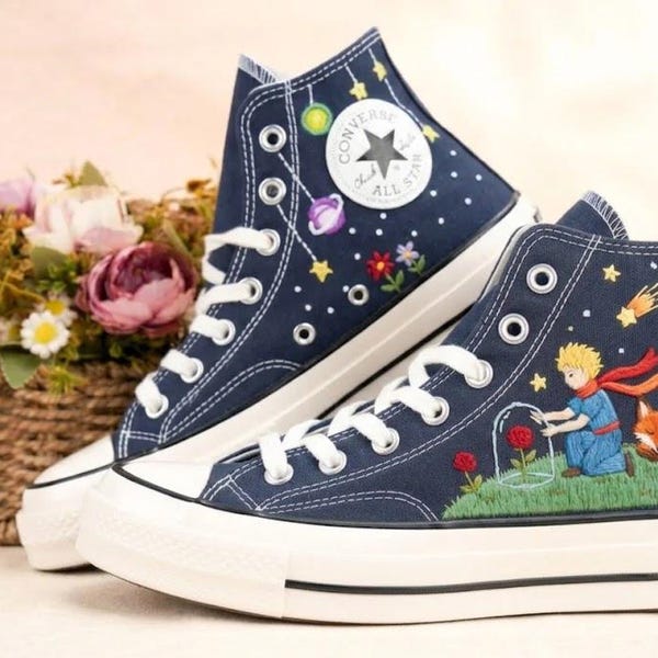 Custom Embroidered Converse, Converse Chuck Taylor Embroidered, Book Lover Hand Embroidery,Converse Chuck Taylor Shoes,Little Prince and Fox
