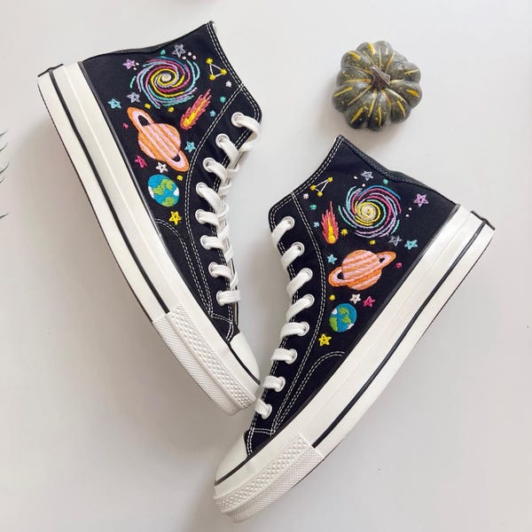 Galaxy Embroidered Converse Shoes, Planet Star High Tops, Cosmic Space Sneakers, Hand Embroidery Astronaut Gift