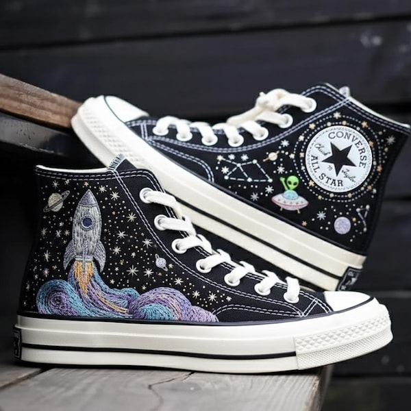 Galaxy Embroidered Converse Shoes, Space Rocket UFO Sneakers, Black High Top Canvas Shoes, Handmade Starry Cosmic Gift for Space Lovers