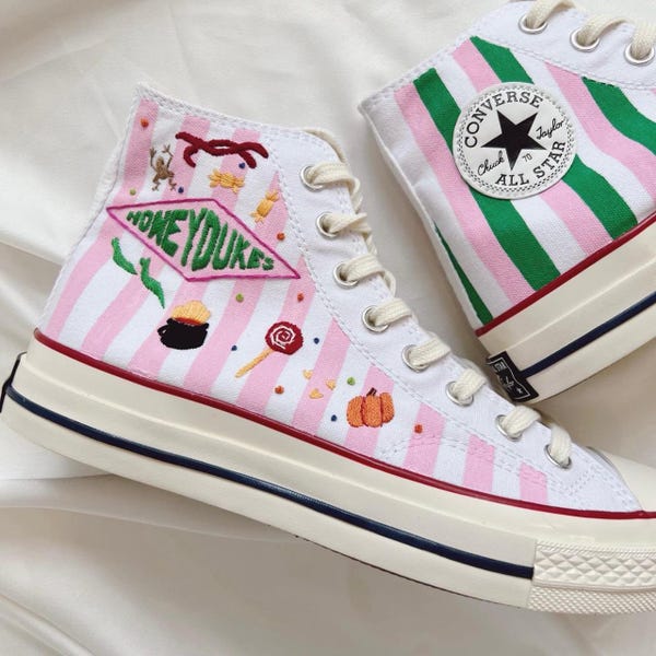 Honeyduke Embroidered Converse Shoes, Candy Shop Pink Sneakers, Wizard Treats High Tops, Hand Embroidery Magic Gift