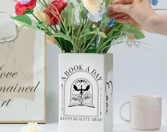 A Book a Day Fantasy Book Vase, Personalized Name on Book Vase Dragon, Keeps Reality Away, Gift for Book Lovers, Flower Vase for Book Lovers