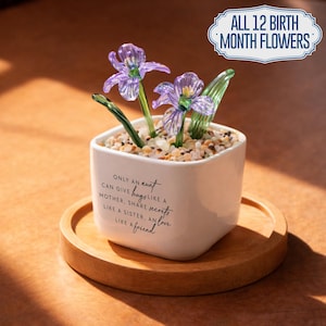 May include: A white square ceramic planter with glass flowers and decorative stones. The planter sits on a wooden tray. The text on the planter reads: "ONLY AN AUNT CAN GIVE HUGS LIKE A MOTHER, SHARE SECRETS LIKE A SISTER, AND LOVE LIKE A FRIEND."
