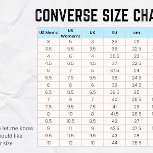 May include: Converse size chart with US Men's, US Women's, UK, EU, cm, and inch measurements. Includes sizes from US Men's 3 (22 cm, 8.661 inches) to US Men's 10 (28.5 cm, 11.22 inches).