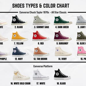 May include: A color chart of Converse Chuck Taylor 1970s All Star Classic and Platform shoes. The chart displays 18 different shoe styles in various colors, including white, black, red, and pink. The text at the top reads "SHOES TYPES & COLOR CHART."