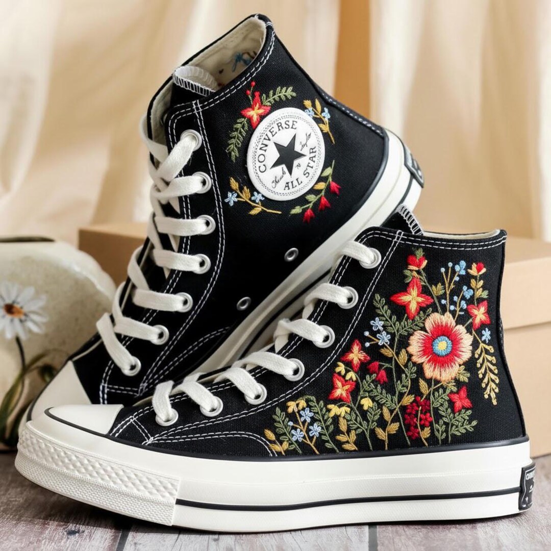 Black Floral Embroidered Converse Shoes, Custom Flower Converse ...