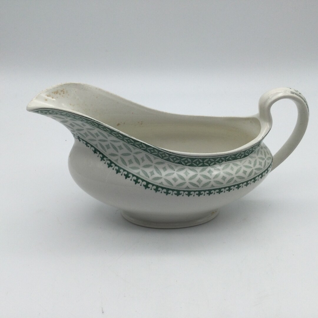 Antique Johnson Brothers England / the Laredo /green Transferware / Gravy Boat / Crown Backstamp