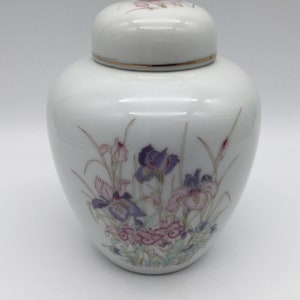 Vintage Japanese Ginger Jar White with Pink & Purle Lilacs