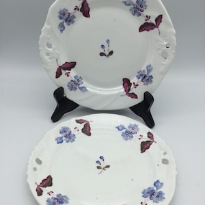 Pair of Antique Staffordshire Handpainted Pierced Plates / 1840’s / Fuschia and Lavender Flowers