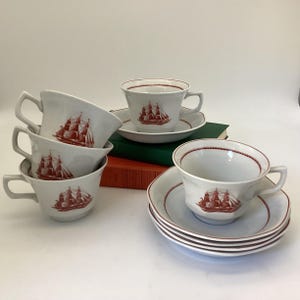 Vintage Wedgwood Flying Cloud Cups and Saucers: Red Sailing Ship Pattern, Set of 5